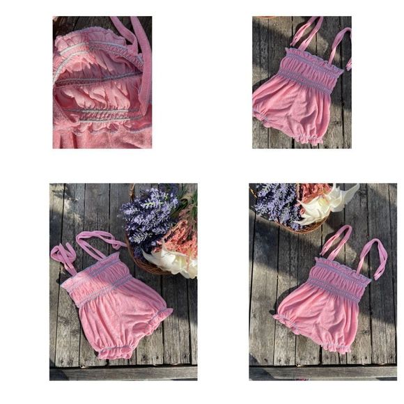 70s Pink Terrycloth Bubble Romper Blue Smocked Trim Tie Straps 12-24M - Picture 5 of 5